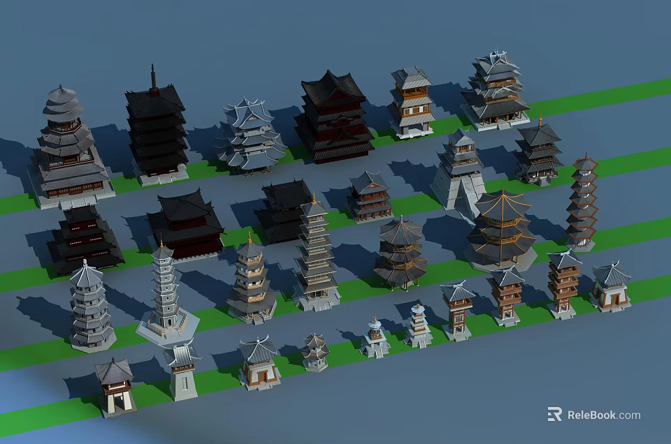 Various Traditional Architectural Tower Models With Different Sizes And Colorful Designs Arranged on Green Grass 3d model 