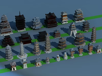 Various Traditional Architectural Tower Models With Different Sizes And Colorful Designs Arranged on Green Grass 3d model