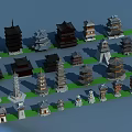 Various Traditional Architectural Tower Models With Different Sizes And Colorful Designs Arranged on Green Grass