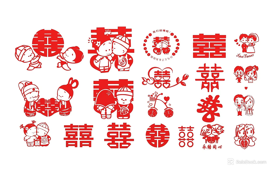 Chinese Wedding Background Wall with Red Paper Cut Double Happiness and Cartoon Characters 3d model 