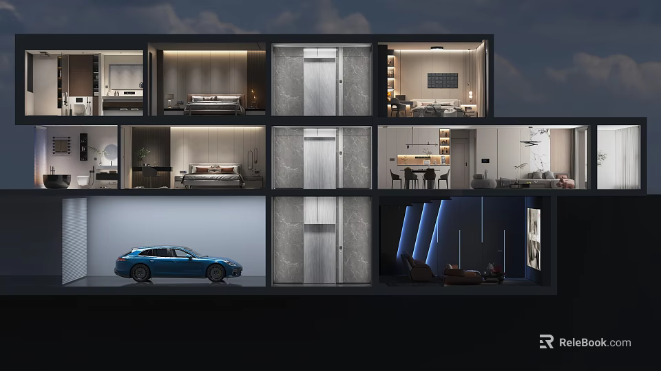 Modern Single Family House With Multiple Bedrooms Living Room Kitchen And Garage 3d model 