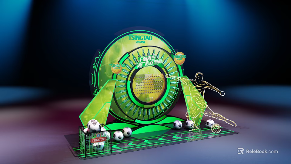 Tsingtao Football Themed Display With Player Silhouette And Soccer Models 3d model 