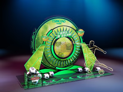 Tsingtao Football Themed Display With Player Silhouette And Soccer Models 3d model