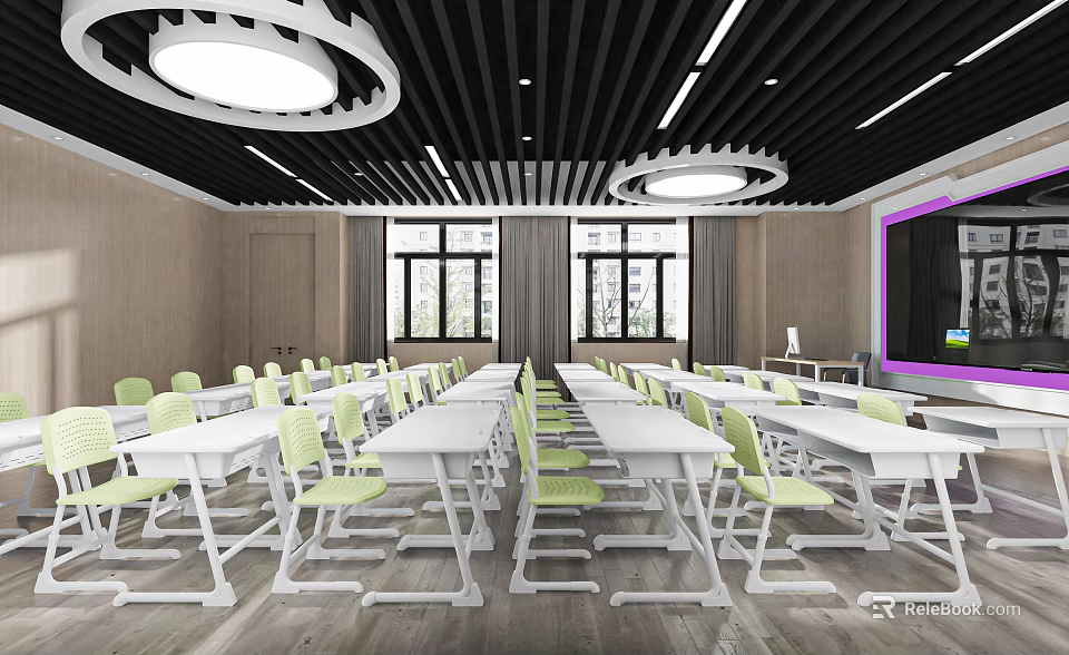 Classroom Interior With Neat White Desks Green Chairs Black Ceiling Circular Lights And Windows 3d model 