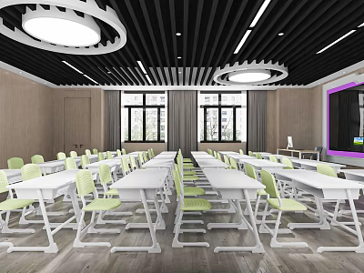 Classroom Interior With Neat White Desks Green Chairs Black Ceiling Circular Lights And Windows 3d model