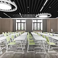 Classroom Interior With Neat White Desks Green Chairs Black Ceiling Circular Lights And Windows