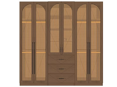Wooden Wardrobe with Grid Design Multiple Doors and Metal Handles Interior 3d model