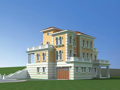 Detached Villa with Yellow and White Exterior Red Roof Arched Windows Balconies and Green Lawn 3d model