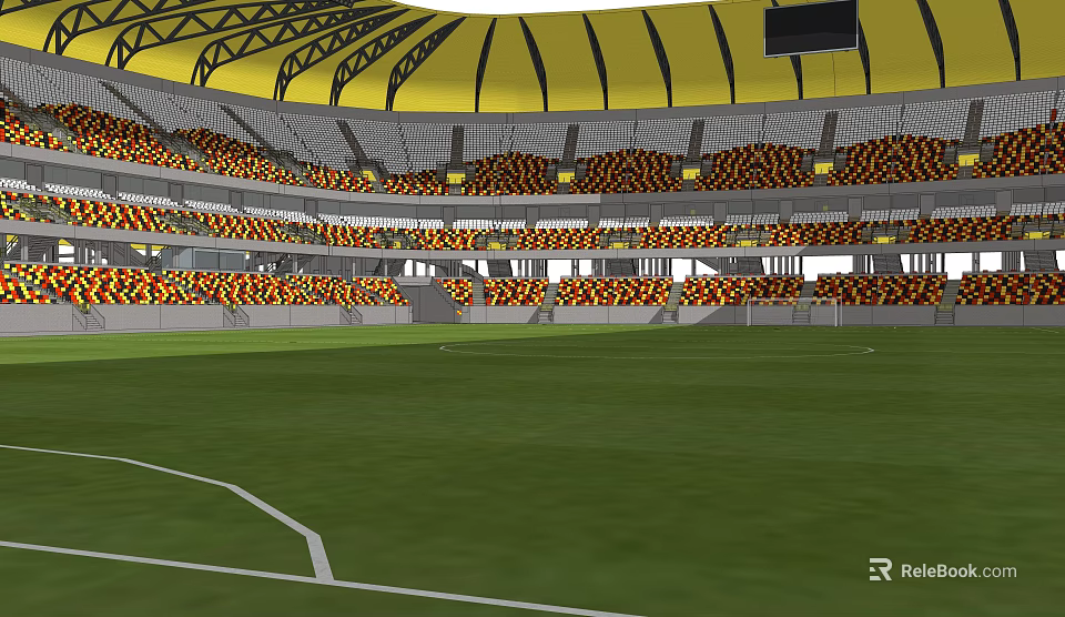 Football Stadium Featuring Yellow Curved Roof And Orange Black Seats On Green Field 3d model 
