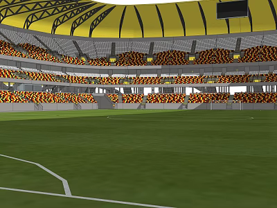Football Stadium Featuring Yellow Curved Roof And Orange Black Seats On Green Field 3d model