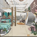 Elegant Kids Boutique Interior With Blue Bed Pink Balloons White Staircase And Green Plants