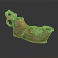 Ancient Bronze Shoe Shaped Vessel With Patina Handle Carved Design And Spout