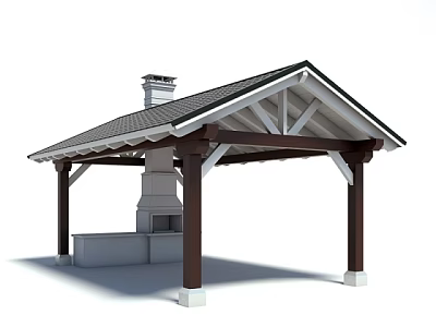 Outdoor Pergola With Wooden Posts Gray Roof Stone Fireplace And Chimney 3d model