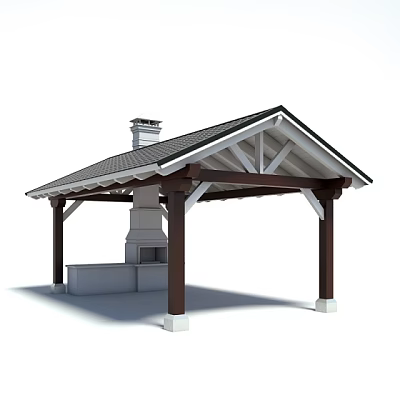Outdoor Pergola With Wooden Posts Gray Roof Stone Fireplace And Chimney 3d model