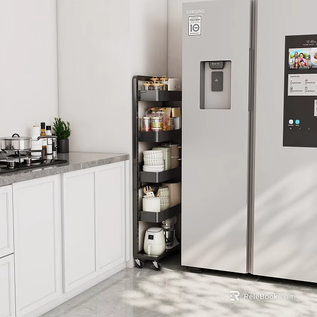 Multi Tier Mobile Kitchen Storage Rack Organizing Jars And Containers Beside Refrigerator 3d model 