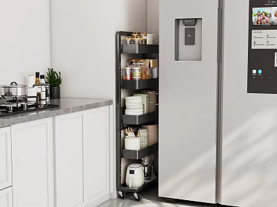 Multi Tier Mobile Kitchen Storage Rack Organizing Jars And Containers Beside Refrigerator 3d model