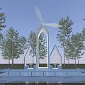 White Metal Modern Architectural Structure With Wing Inspired Design On Waterfront Platform Surrounded by Trees 3d model
