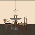 Modern Dining Table With Round Marble Top Wooden Chairs Pendant Light And Flower Vase