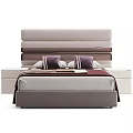 Double Bed with Layered Light Gray Dark Brown Headboard Purple Striped Pillows and White Nightstands