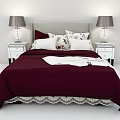 Burgundy Double Bed With Light Gray Headboard Patterned Pillows White Blanket Bedside Tables And Lamps