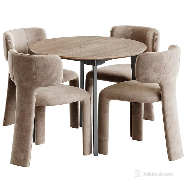 Modern Beige Upholstered Leisure Chairs With Round Wooden Dining Table For Cozy Home Use 3d model 