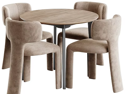 Modern Beige Upholstered Leisure Chairs With Round Wooden Dining Table For Cozy Home Use 3d model