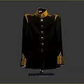 Black military style jacket with yellow collar cuffs and gold buttons on display stand