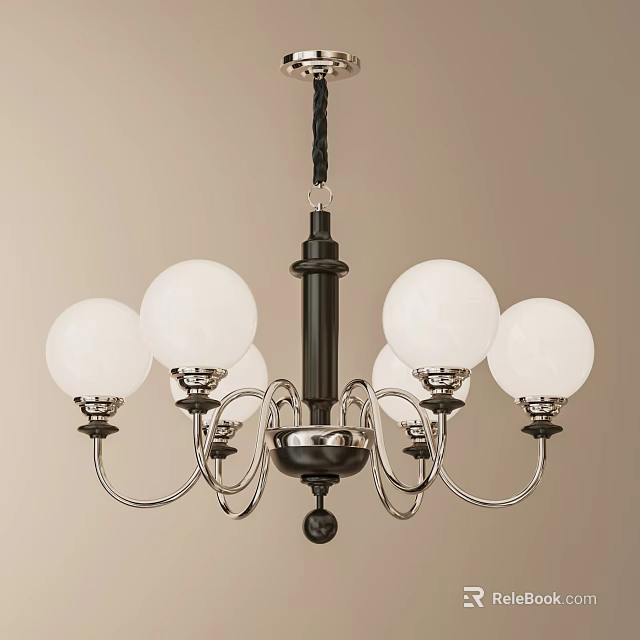 Modern Chandelier With Black Central Rod Silver Curved Arms And White Spherical Lampshades 3d model 