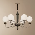 Modern Chandelier With Black Central Rod Silver Curved Arms And White Spherical Lampshades