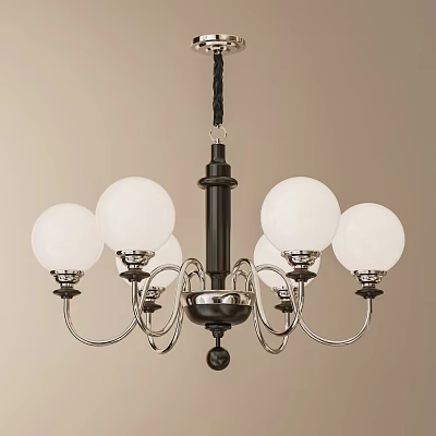 Modern Chandelier With Black Central Rod Silver Curved Arms And White Spherical Lampshades 3d model