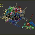 Blue Mechanical Robot Action Figures With Multiple Units On Platform Vehicle And Detailed Design