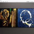 Abstract Paintings With Golden Elements Dark Tones Blue Background White Circular Design Yellow Accents