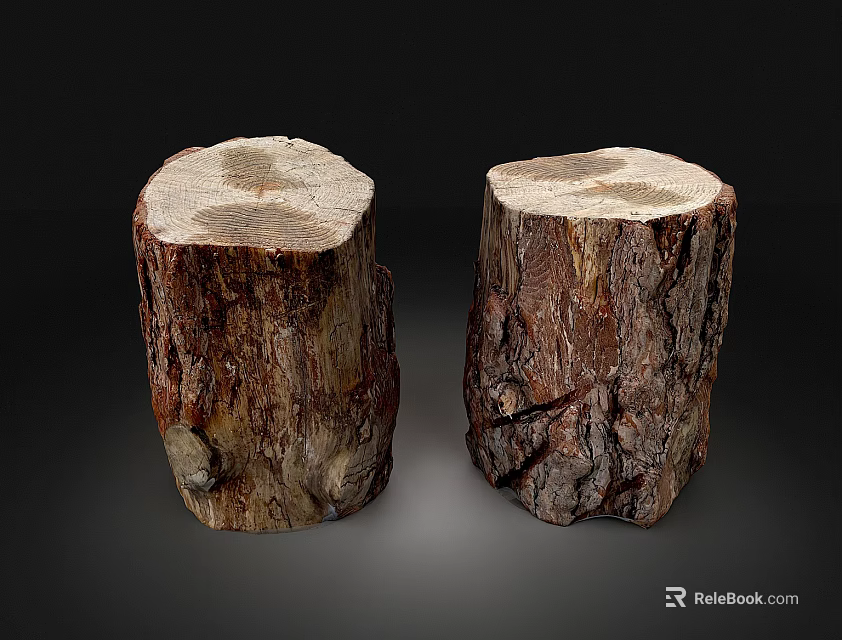 Two Rustic Stone Wood Stumps With Natural Bark Texture And Smooth Cross Sections 3d model 