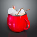 Red Mug With Hot Drink Topped With Marshmallows And Cinnamon Sticks