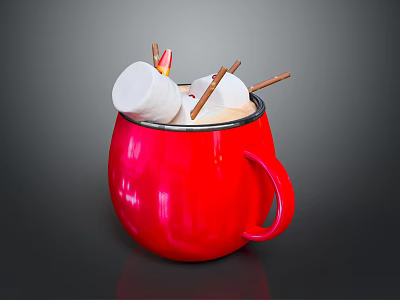 Red Mug With Hot Drink Topped With Marshmallows And Cinnamon Sticks 3d model