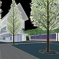 Lush Garden Landscape Design With Green Trees And Curved Pathways Around Buildings