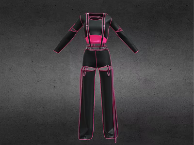 Kids Fashion Outfit With Black Pink Suspenders And Long Pants Design 3d model