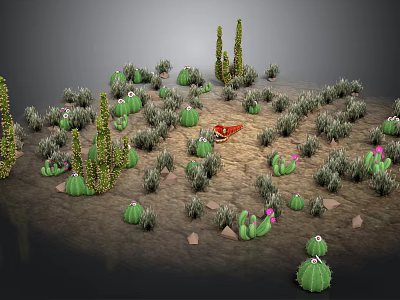 Desert Cacti and Green Succulent Plants in Arid Sandy Landscape with Spiky Foliage 3d model