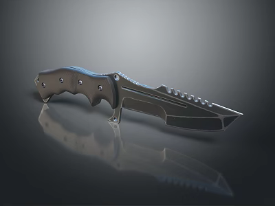 Tactical Knife With Serrated Blade And Multi Color Handle On Reflective Surface 3d model