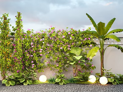 Climbing Vines With Purple Flowers And Green Leaves On Wall With Round Lights 3d model