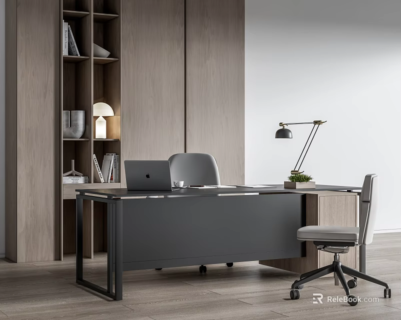 Modern Gray Office Desk With Laptop Office Chair Table Lamp And Wooden Bookshelf 3d model 