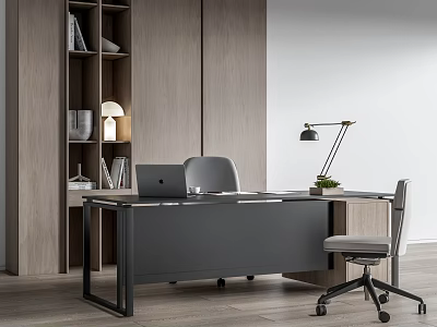 Modern Gray Office Desk With Laptop Office Chair Table Lamp And Wooden Bookshelf 3d model