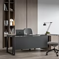 Modern Gray Office Desk With Laptop Office Chair Table Lamp And Wooden Bookshelf