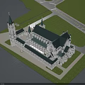 European Architecture With Green Roof Spires And Riverfront Green Lawn Plaza