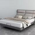 Modern Double Bed with Grey Grid Headboard and Plush Cushions Checkered Blanket Light Bedding 3d model