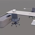 Modern Office Desk Curved Design with Ergonomic Chairs Desk Lamp Laptop and Storage