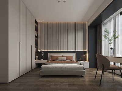 Modern Minimalist Bedroom Interior With Striped Wall White Wardrobes Desk Chair And Dark Wooden Floor 3d model