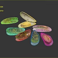 Vibrant Colored Mussels With Open And Closed Shells On Dark Surface