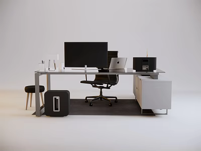 Modern Office Desk With Black Monitor Laptop Office Chair Stool And Storage Cabinet 3d model