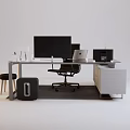 Modern Office Desk With Black Monitor Laptop Office Chair Stool And Storage Cabinet